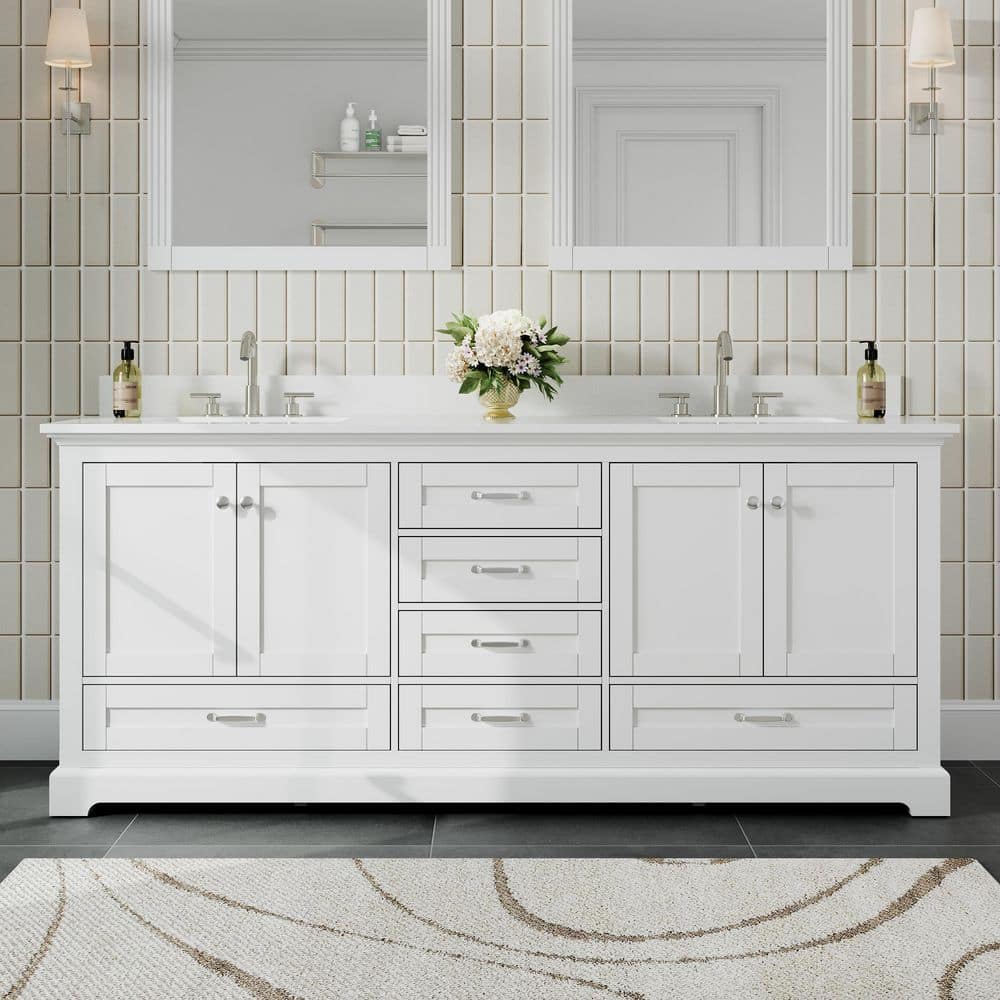 ANGELES HOME 80 in. W Freestanding Bath Vanity with White Marble Top ...
