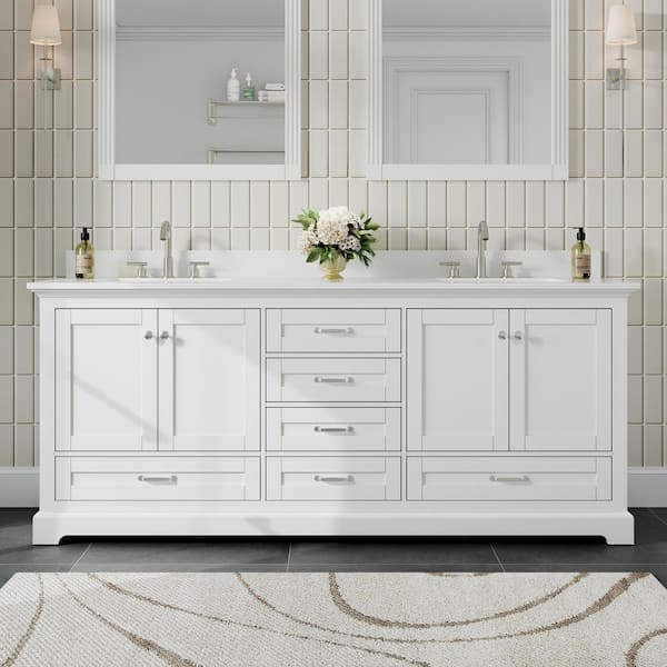 80 in. W Freestanding Bath Vanity with White Marble Top, Double Sink, Assembled