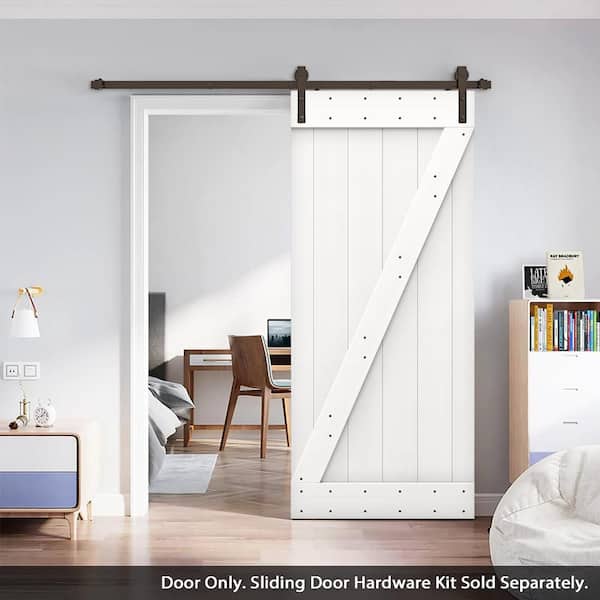 24 in. x 84 in. Z Series White DIY Knotty Pine Wood Interior Sliding Barn Door with Hardware Kit