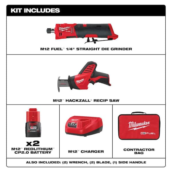M12 FUEL 12V Lithium-Ion Brushless Cordless 1/4 in. Straight Die Grinder Kit w Two 2.0 Ah Batteries & Reciprocating Saw