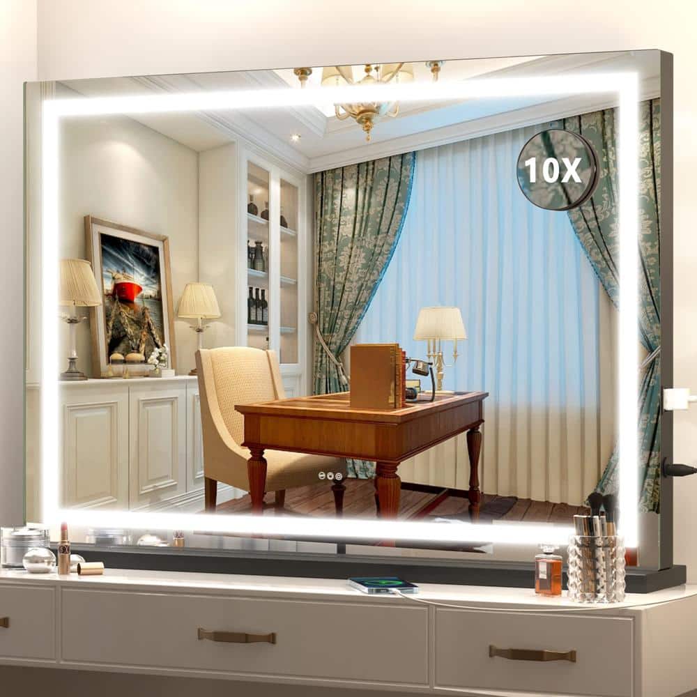 22 in. W x 32 in. H Square Black Frame LED Makeup Mirror, Lighted Mirror wi