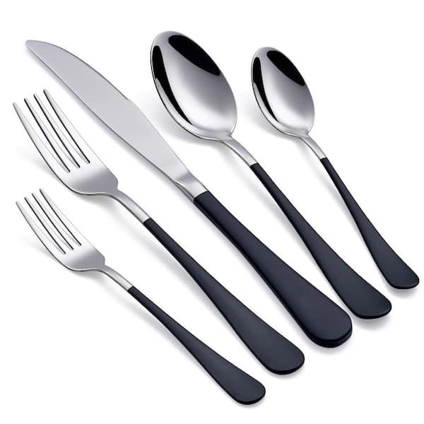 Unbranded 20-Piece Stainless Steel Serving Set Black Handle 18/0 Cutlery Set Service for 4, Unique Set and Dishwasher Safe