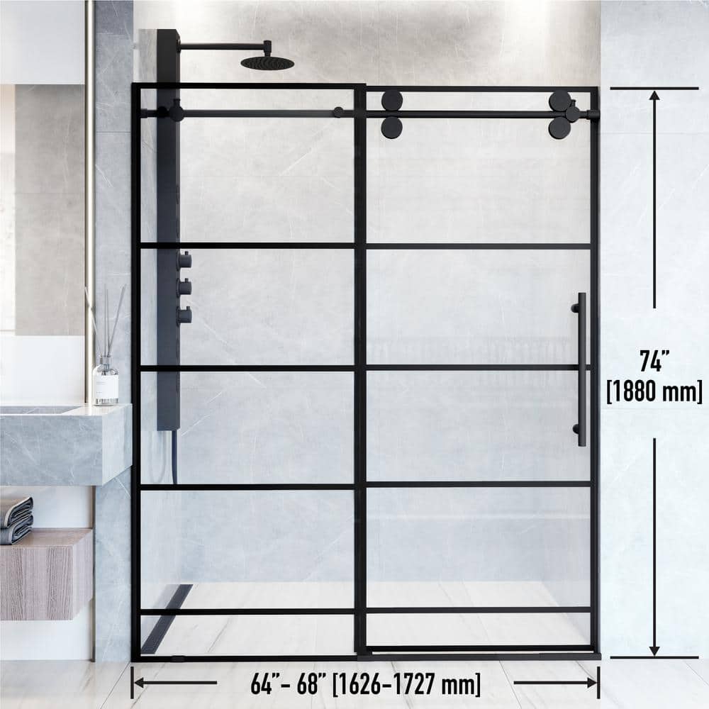 Elan 64-68" Matte Black Frameless Sliding Shower Door with Clear Glass