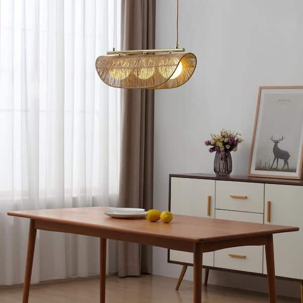 Sovev 27.5 in. 3-Light Polished Brass Bohemian Dimmable Pendant-Light with Frosted Glass And Rattan Shade-Table Island