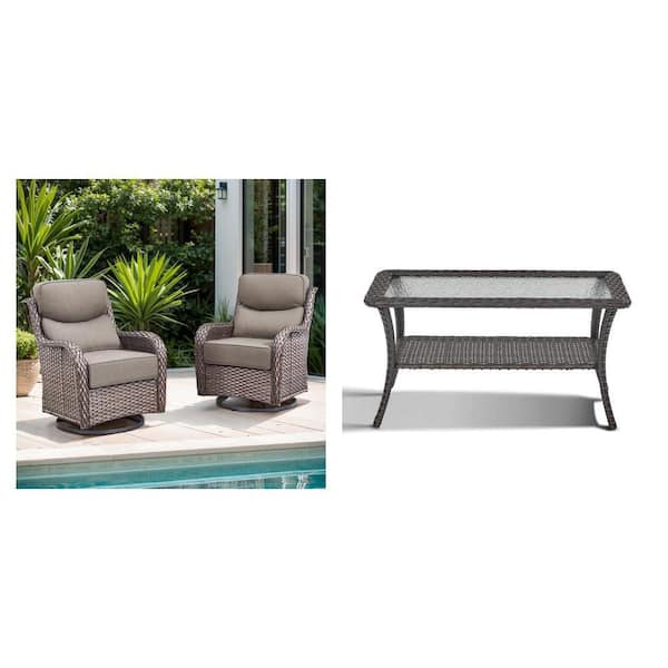 Crescent Moon Wicker Rocking Chair with Gray Cushions (2-Pack) and Brown Wicker Glass Side Table Combo