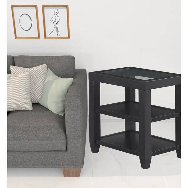 HomeRoots Charlie 16 in. Black Rectangle Glass End Table with Shelves