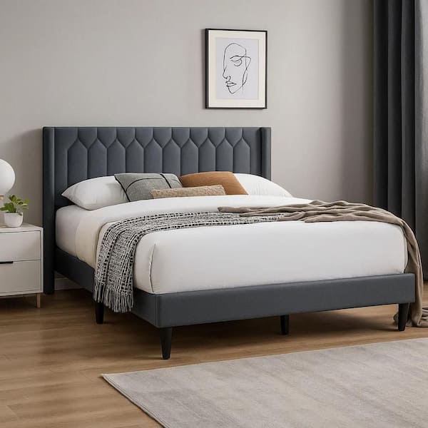Benjara Liana Gray Wood Frame Full Panel Bed with Upholstery Headboard ...