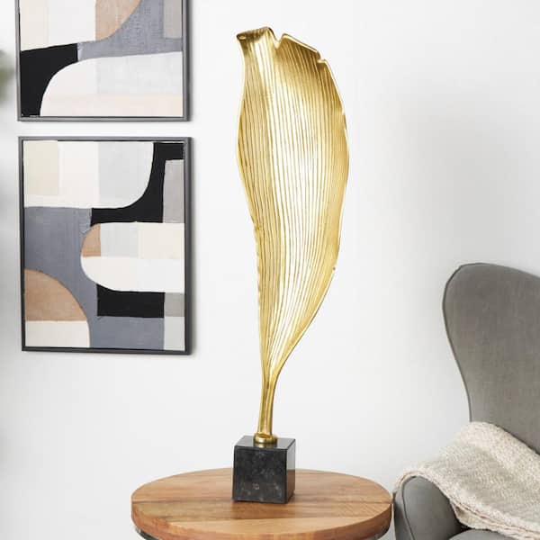 Litton Lane 36 in. Gold Aluminum Textured Leaf Abstract Sculpture with Black Marble Base