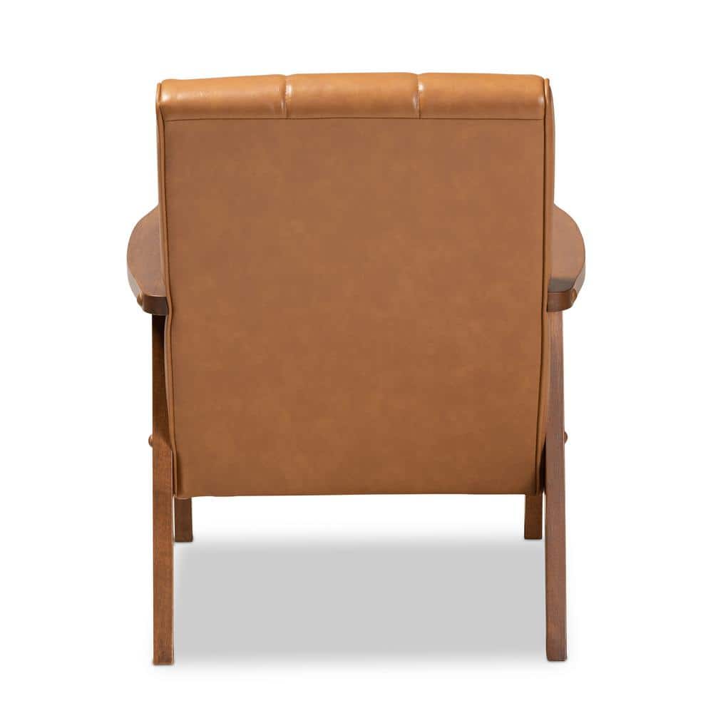 Ergonomic Mid-Century Tan Faux Leather & Walnut Wood Accent Chair