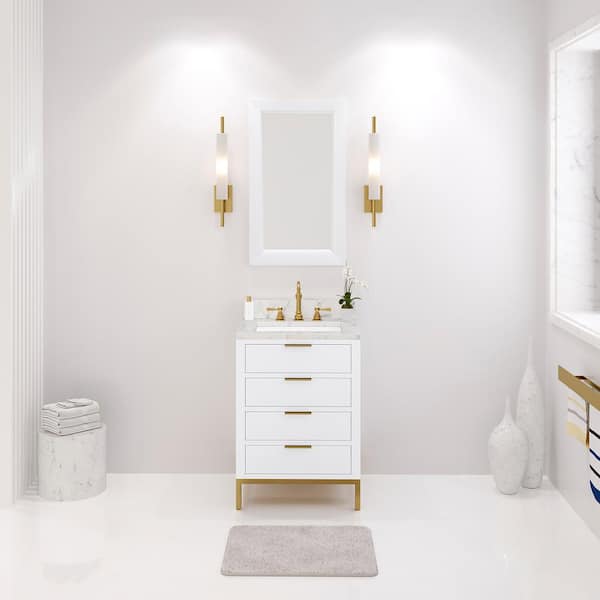 Water Creation Bristol 24 in. W x 21.5 in. D Vanity in Pure White with Marble Top in White with White Basin and Hook Faucet