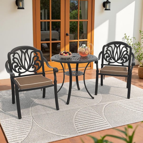 Elizabeth Black 3-Piece Cast Aluminum Outdoor Dining Set with Round Table, Dining Chairs and Brown Seat Cushion