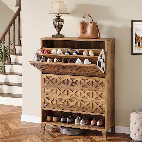43.3 in. H x 31.5 W Brown Wood Shoe Storage Cabinet, Freestanding Shoe Rack Cabinet with Legs Adjustable Shelves