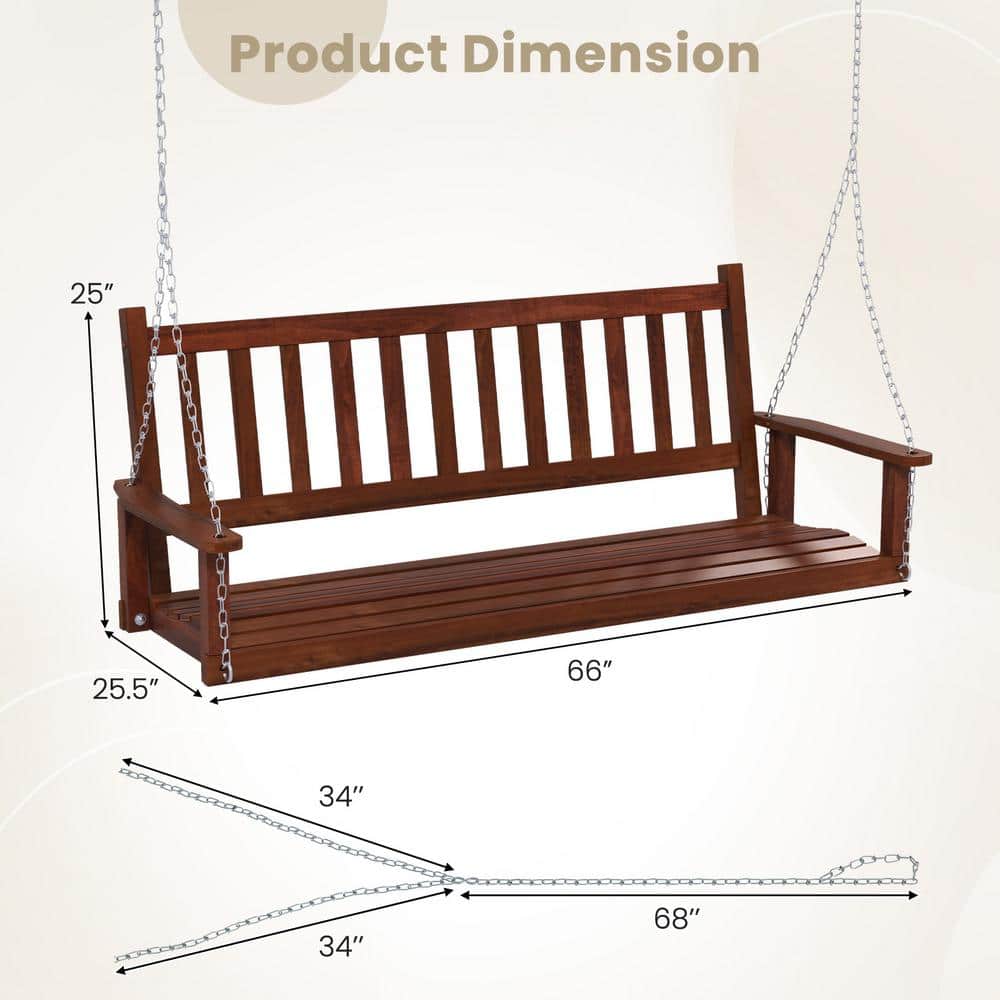 Brown Poplar Wood 3-Person Outdoor Porch Swing with Metal Chains
