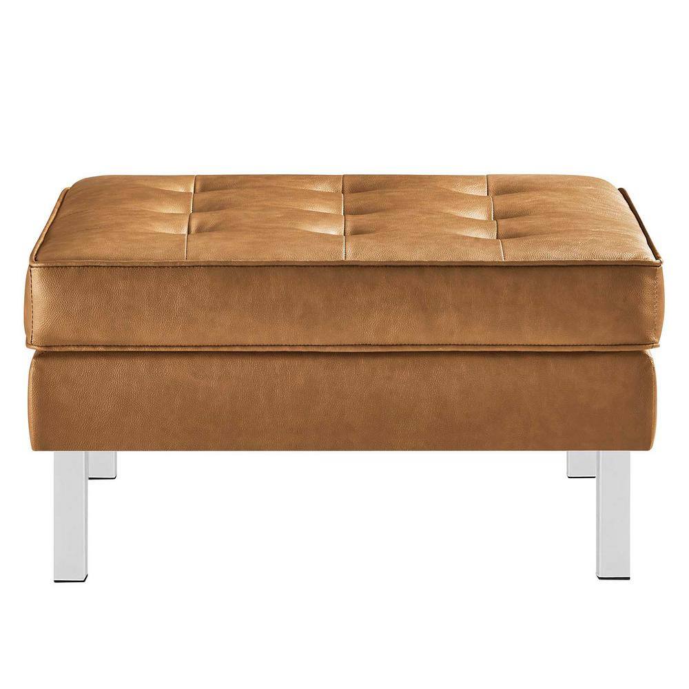 Loft Tufted Tan Faux Leather Ottoman with Silver Legs