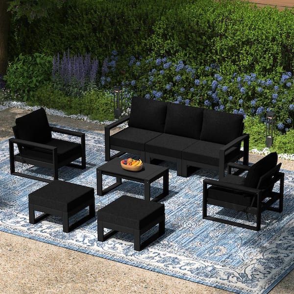 Endless Black Frame with Black Cushions Outdoor 8-Piece All Weather Plastic Sofa Lounge Chair Patio Conversation Set