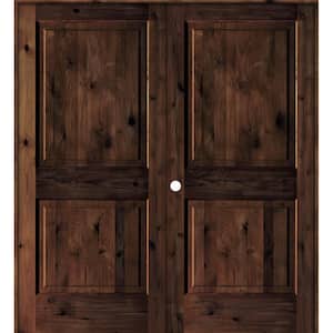 60 in. x 80 in. Rustic Knotty Alder 2-Panel Square-Top Right-Handed Red Mahogany Stain Wood Double Prehung Interior Door
