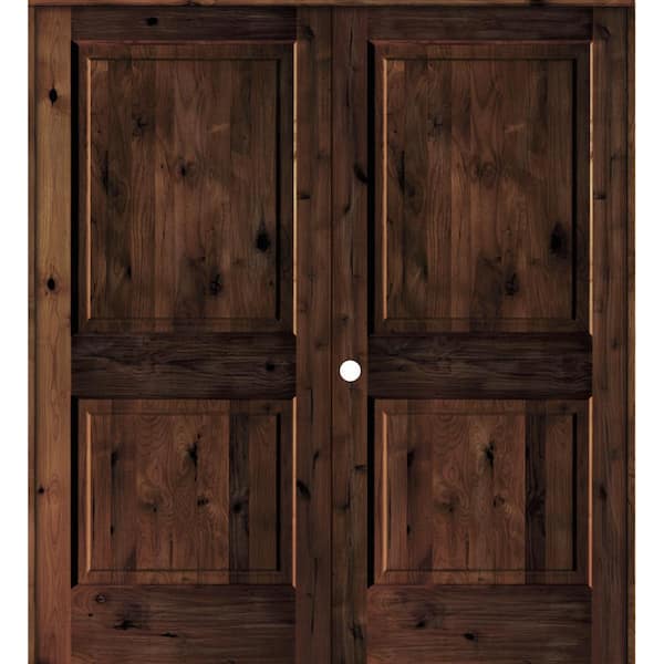 Krosswood Doors 60 in. x 80 in. Rustic Knotty Alder 2-Panel Square-Top Right-Handed Red Mahogany Stain Wood Double Prehung Interior Door