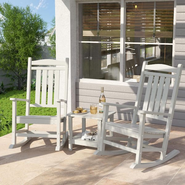 2-Person White HDPE Plastic Wood Outdoor Rocking Chair Set with Table-Effortless Comfort for Your Patio