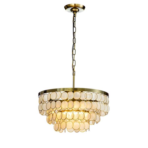 Aloa Decor 3-Light 13.8 in. Round Coastal Capiz Shells Tiered Antique Gold Chandelier with Natural Seashell