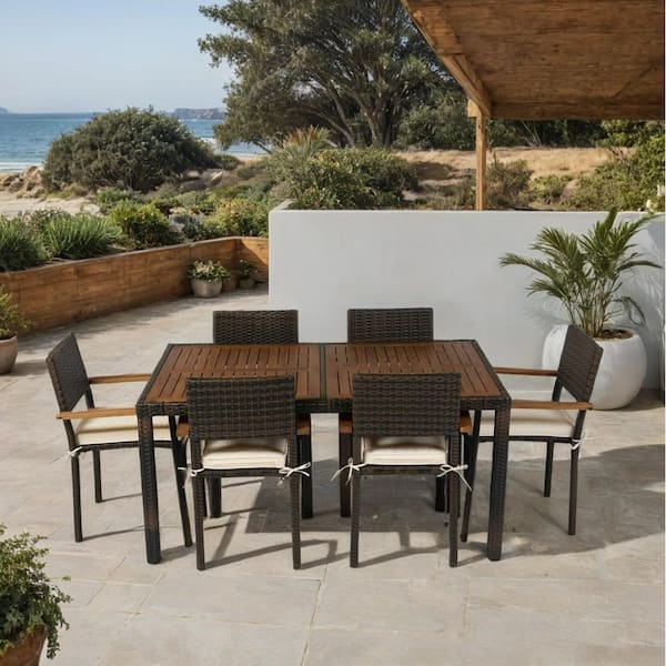 7 Piece Outdoor Wicker Wood Rectangle Outdoor Dining Set with Beige Cushions