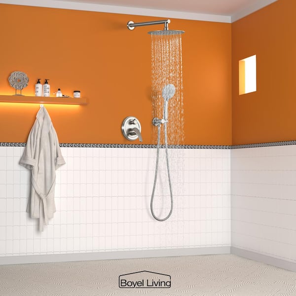 5-Spray Patterns with 2.3 GPM 10 in. Wall Mount Dual Shower Heads with Valve Included in Brushed Nickel