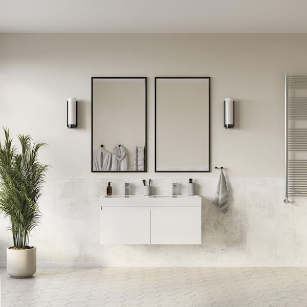 Mezzo 48 in. Modern Wall Hung Bath Vanity in White with Double Vanity Top in White with White Basins