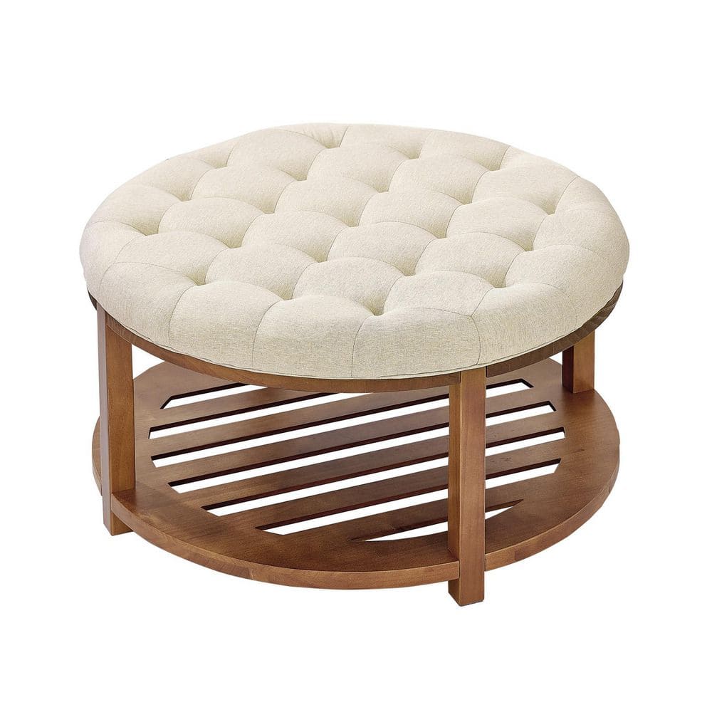 Large Round Ottoman Coffee Table, 31.9 in. Tufted Coffee Table with Wood Shelf Storage, 350 LBS. Linen Color 2025 update price history on PriceWatchPro