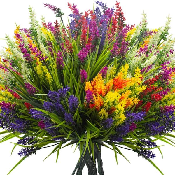 20 Bundles Artificial Lavender Plants Outdoor Fake Grass with Flowers (Multi-Colored)