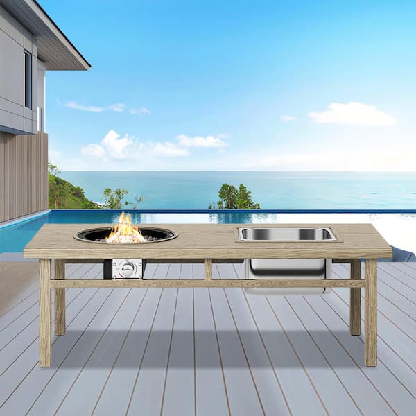 Cesicia 3-in-1 Coffee Table Propane Grill Island Table in Stainless Steel with Ice Bucket and Fire Pit