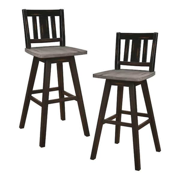 EVERGLADE HOME Fenton 42.5 in. Distressed Gray and Black Full Back Wood Frame Swivel Dining Bar Stool with Wooden Seat (Set of 2)
