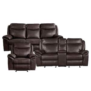 Creeley 88.5 in W Pillow Top Arm Faux Leather Rectangle 3-Piece Manual Reclining Sofa Set in Dark Brown