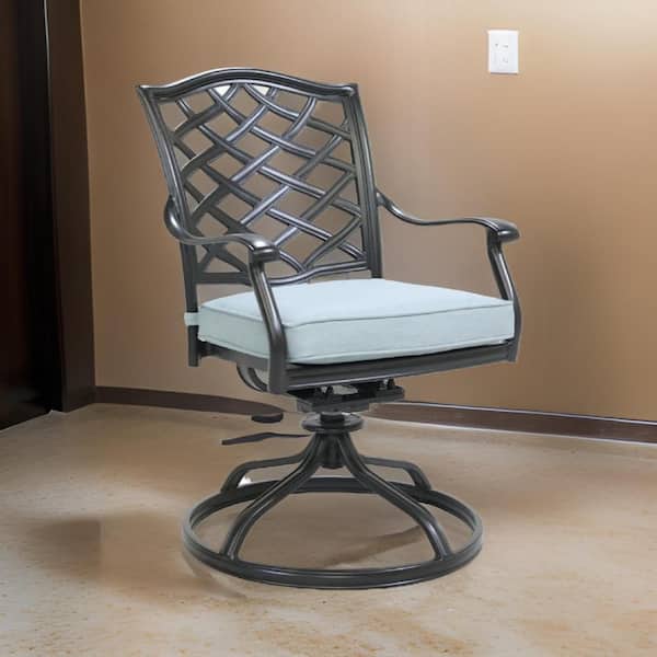 Benjara Wynn Light Blue Swivel Metal Outdoor Dining Chair with Blue Cushion (Set of 2)