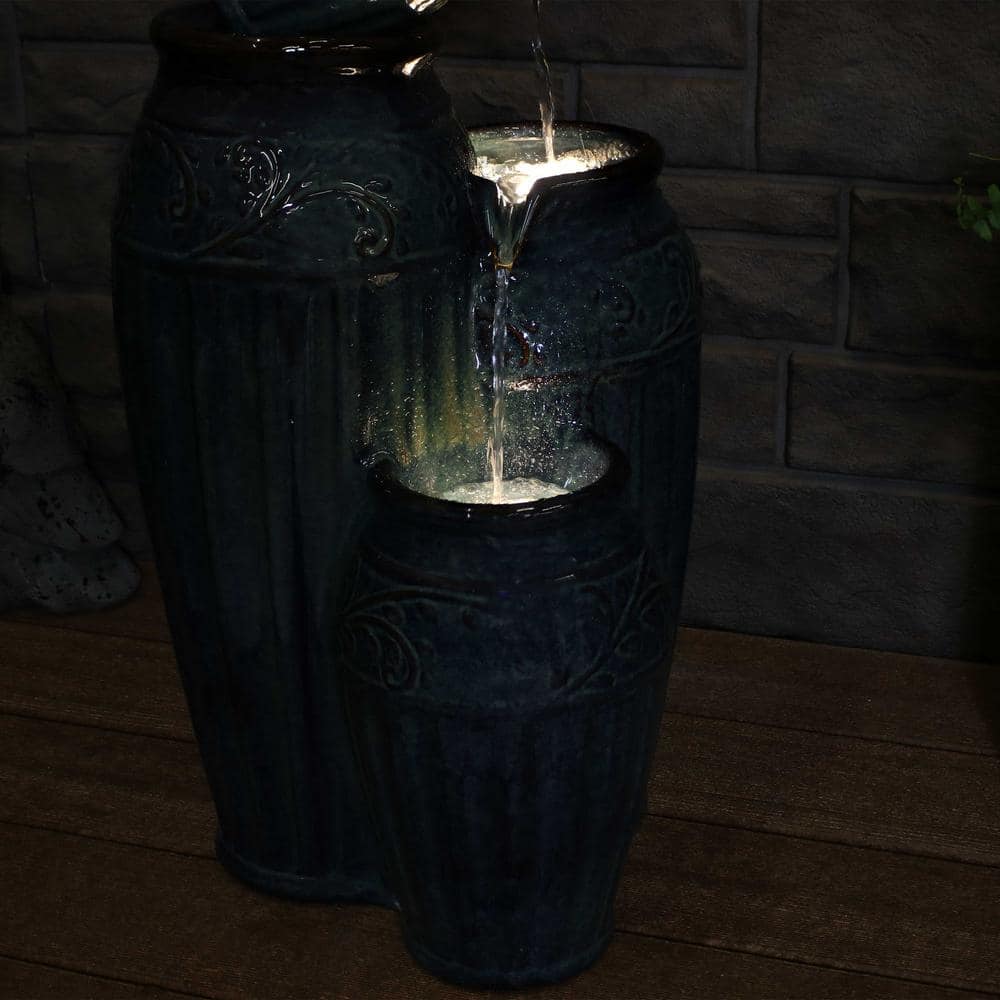 Dark Cyan Ceramic Vase Outdoor Water Fountain with LED Lights