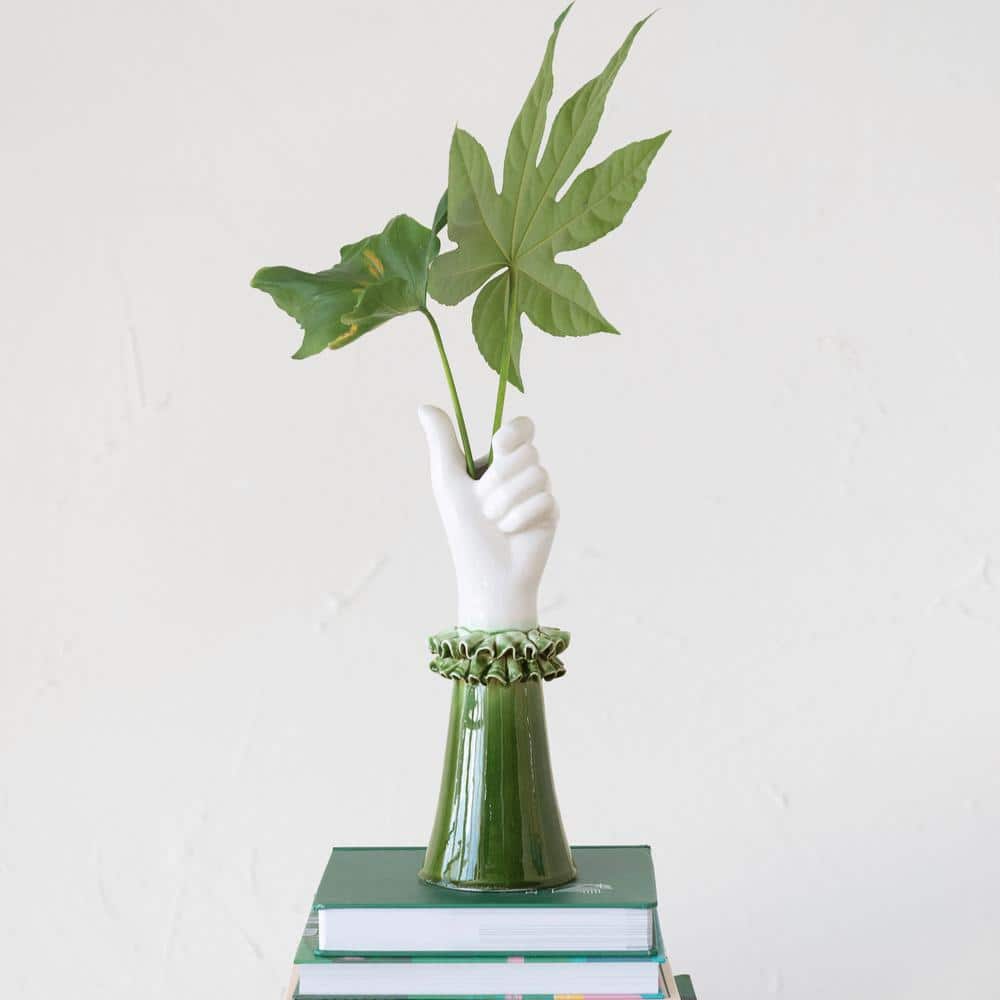 Green and White Ceramic Hand Vase with Ruffled Sleeve