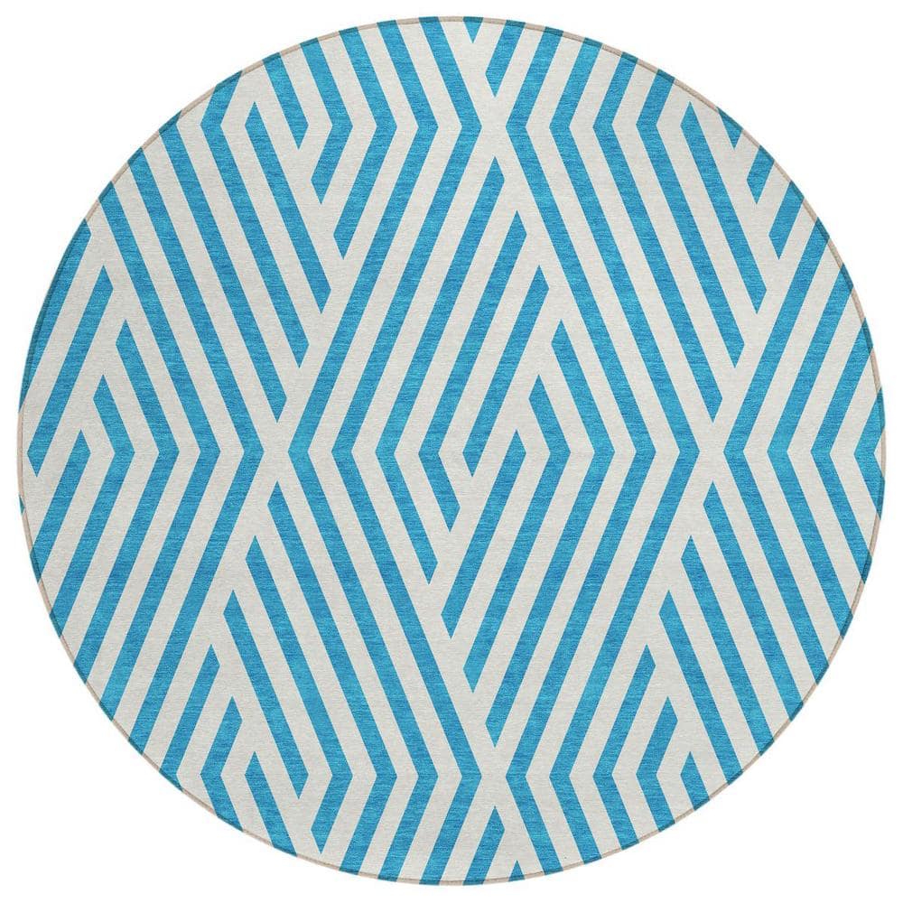 Teal and White 8 ft. Round Woven Geometric Round Indoor/Outdoor Area Rug price history on PriceWatchPro