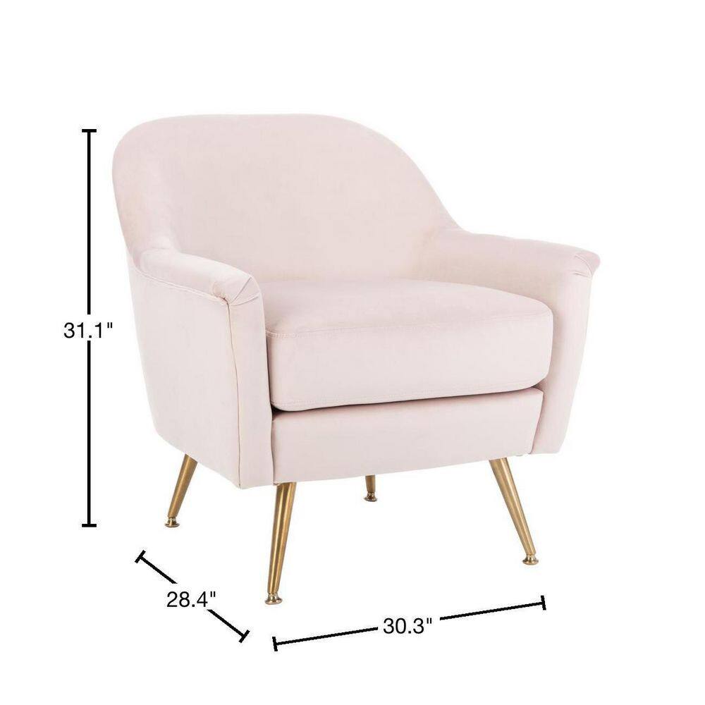 Blush Pink Velvet & Wood Contemporary Arm Chair with Brass Legs