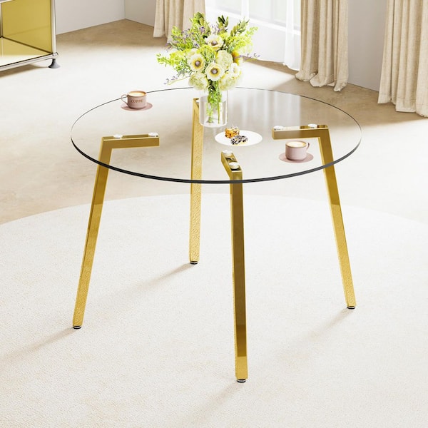 36 in. Round Tempered Glass with Gold 7-Shaped Metal 4-Legs Dining Table for Kitchen,Dining & Living Room,for 3-4 People