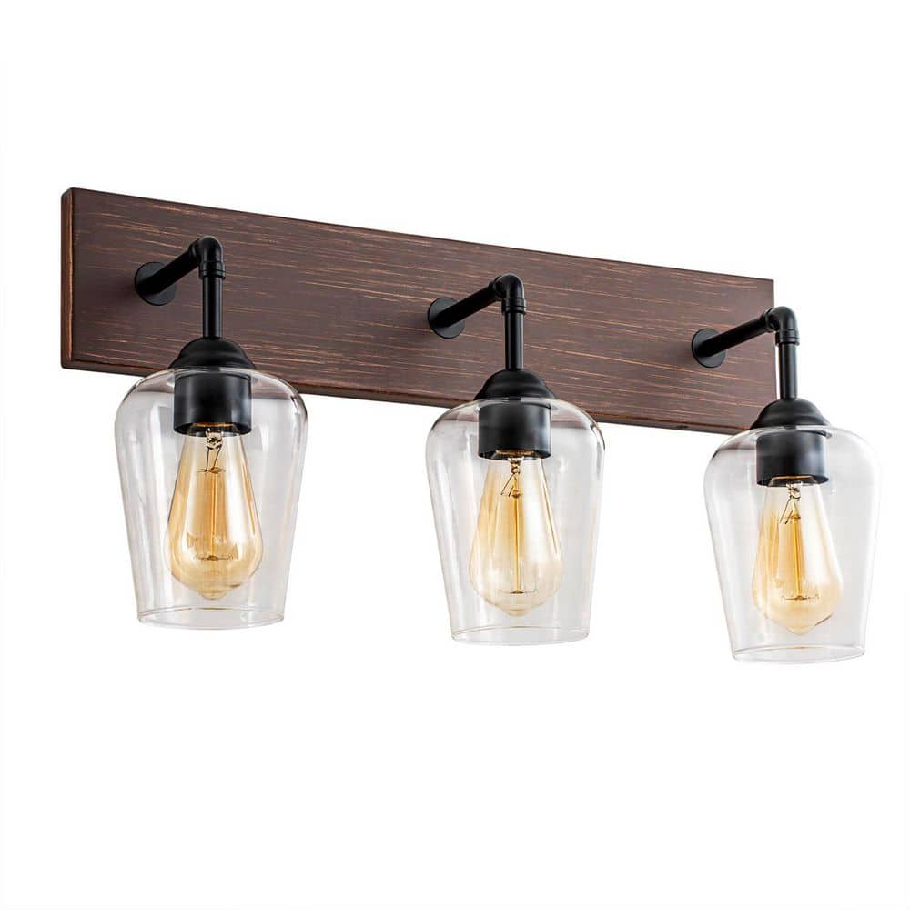 22 in. 3-Light Farmhouse Wood Black Bathroom Vanity Light with Glass Shade price history on PriceWatchPro