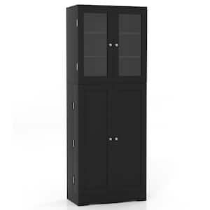 6-Shelf Black Tall Kitchen Pantry Cab in.et with Dual Tempered Glass Doors and Shelves