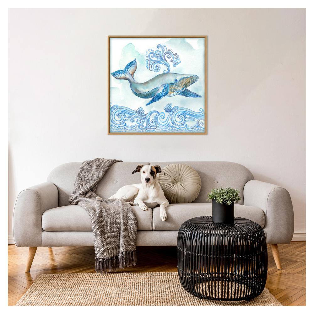 Boho Shells II Whale Blue Canvas Print with Maple Frame