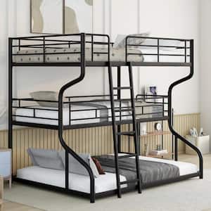 Black Full XL over Twin XL over Queen Size Metal Triple Bunk Bed with Ladder