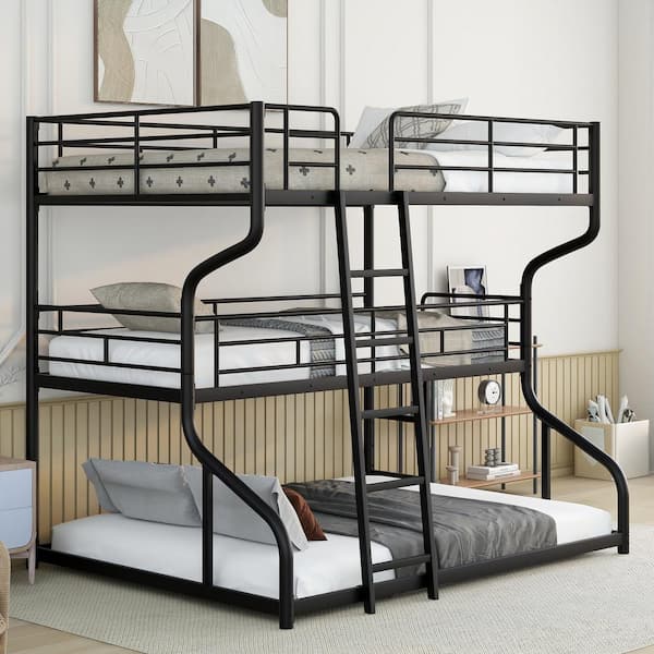 Harper & Bright Designs Black Full XL over Twin XL over Queen Size Metal Triple Bunk Bed with Ladder