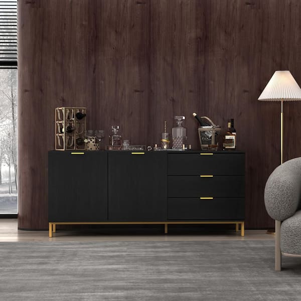 FUFU&GAGA 62.9 in. Black Wood Storage Cabinet Kitchen Cabinet with 2-Doors, 3-Drawers and Shelf