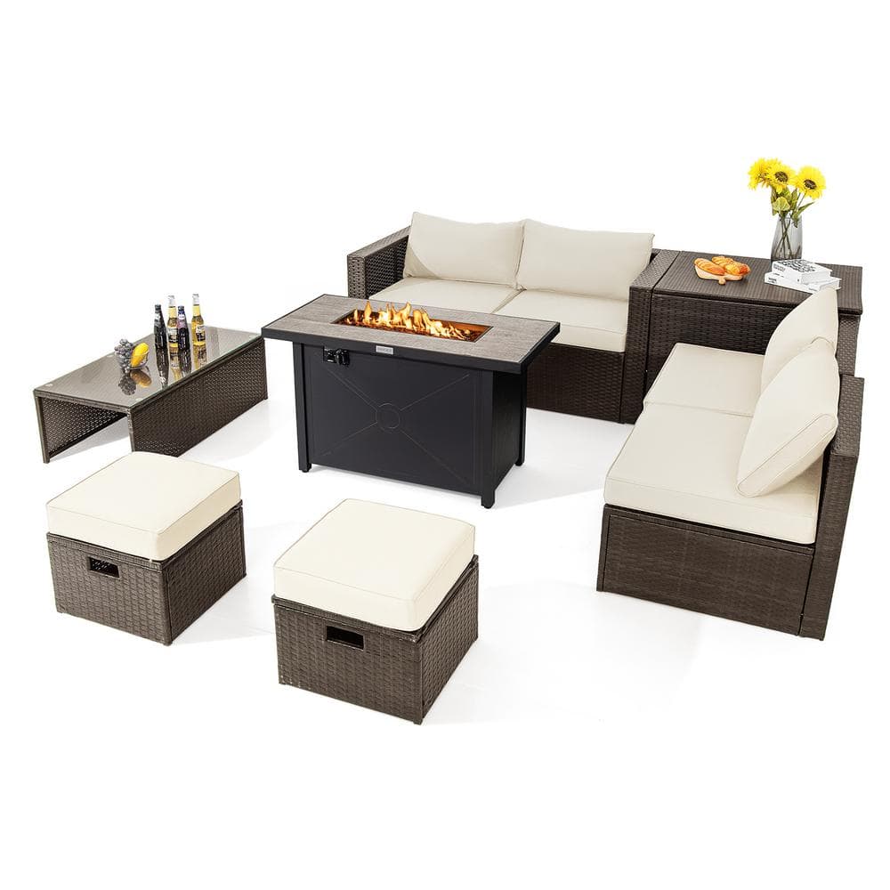 9-Piece PE Wicker Patio Conversation Set with Fire Pit Table White Cushions Outdoor Space-Saving Sectional Sofa Set -  HONEY JOY, TOPB007194