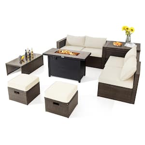 9-Piece PE Wicker Patio Conversation Set with Fire Pit Table White Cushions Outdoor Space-Saving Sectional Sofa Set