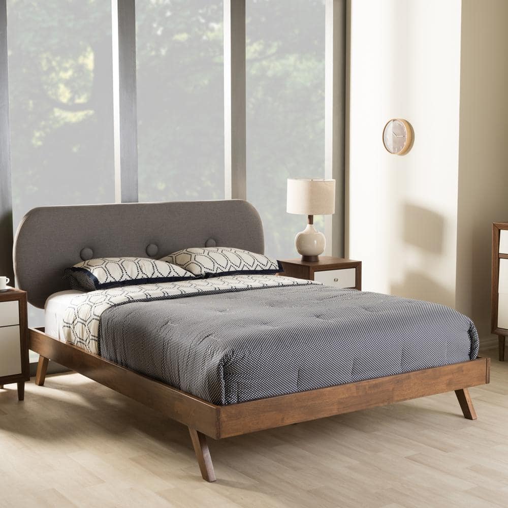 Penelope King-Size Walnut Wood Frame with Grey Tufted Upholstery Bed