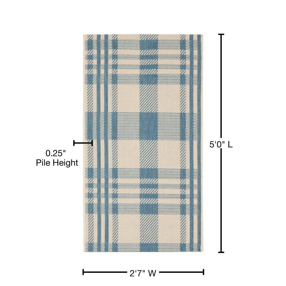 Beige and Blue Plaid Indoor/Outdoor Synthetic Rug