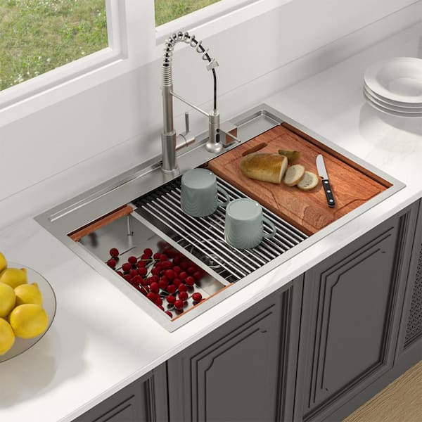 33 in.x 22 in.Workstation Single Bowl 16-Gauge Stainless Steel Drop-In Kitchen Sink with Bottom Grid