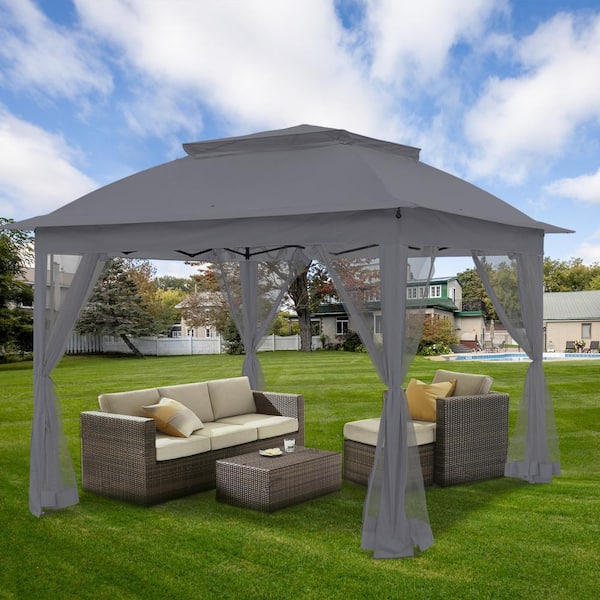 COOS BAY 11 ft. x 11 ft. Dark Gray Steel Pop-Up Gazebo with Mosquito ...