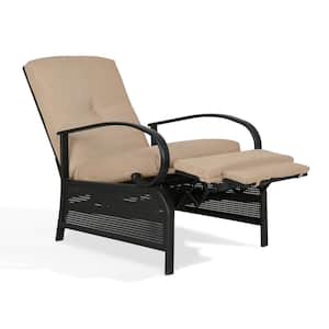 Black Adjustable Steel Outdoor Reclining Lounge Chair with Beige Cushion